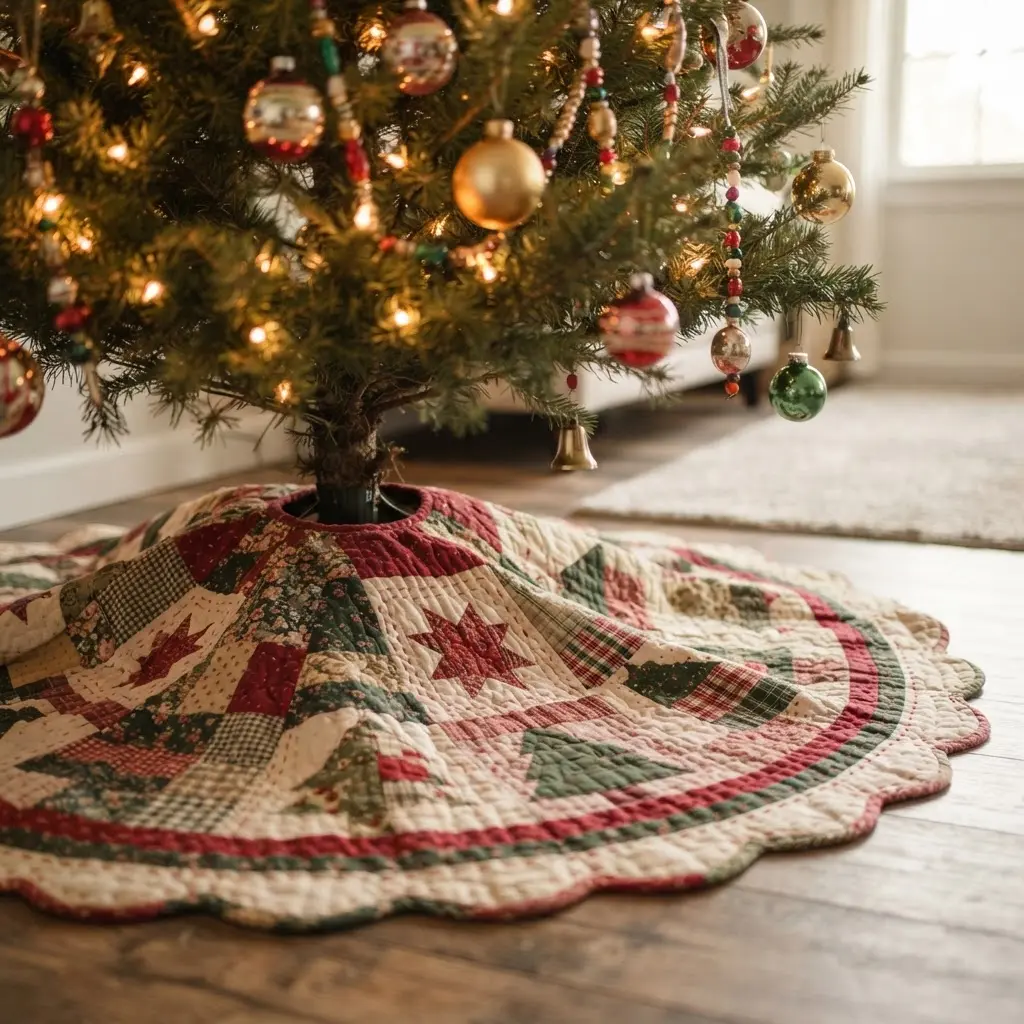 Vintage quilted tree skirt fabric in red, cream, and green spreads beneath a warmly lit Christmas tree.