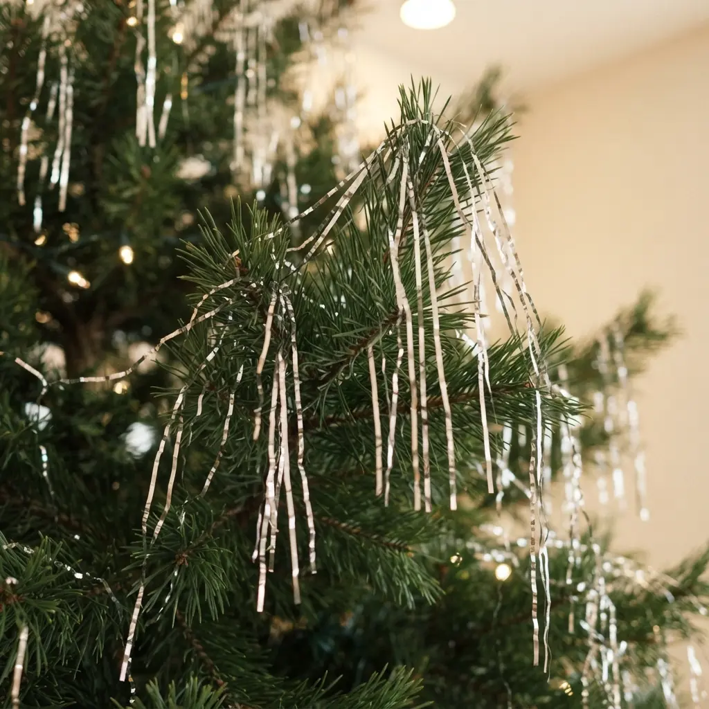 Vintage Christmas Tree Decoration Ideas featuring silver metallic icicle tinsel strands layered across softly glowing evergreen branches.