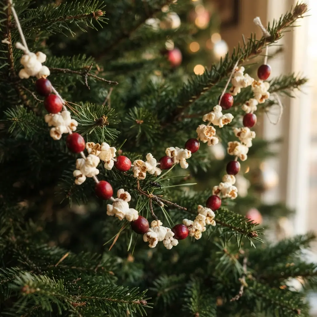 Vintage Christmas Tree Decoration Ideas with classic popcorn and cranberry garland looping across green branches with warm lights.