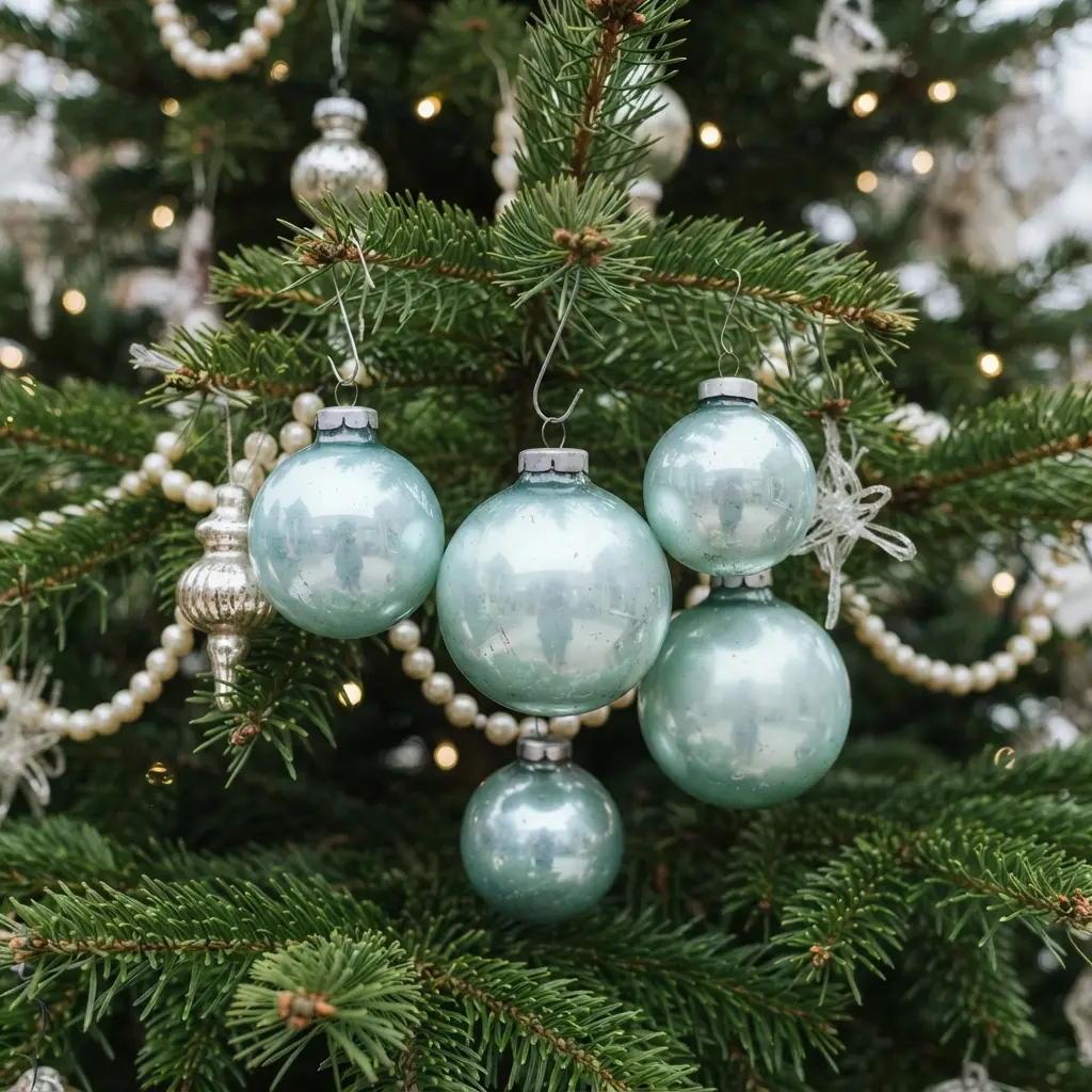 Vintage Christmas Tree Decoration Ideas showing pastel aqua glass baubles with soft reflections among snowy evergreen branches.