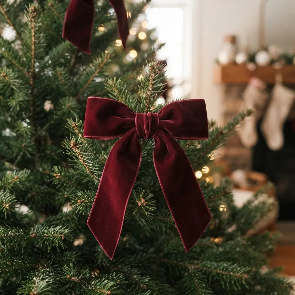 Vintage Christmas Tree Decoration Ideas featuring burgundy velvet ribbon bow ties secured around full evergreen branches.
