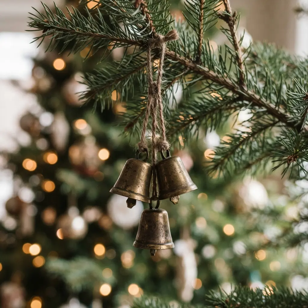 Vintage Christmas Tree Decoration Ideas showing antique brass bell ornament clusters with warm golden shine on a holiday tree.