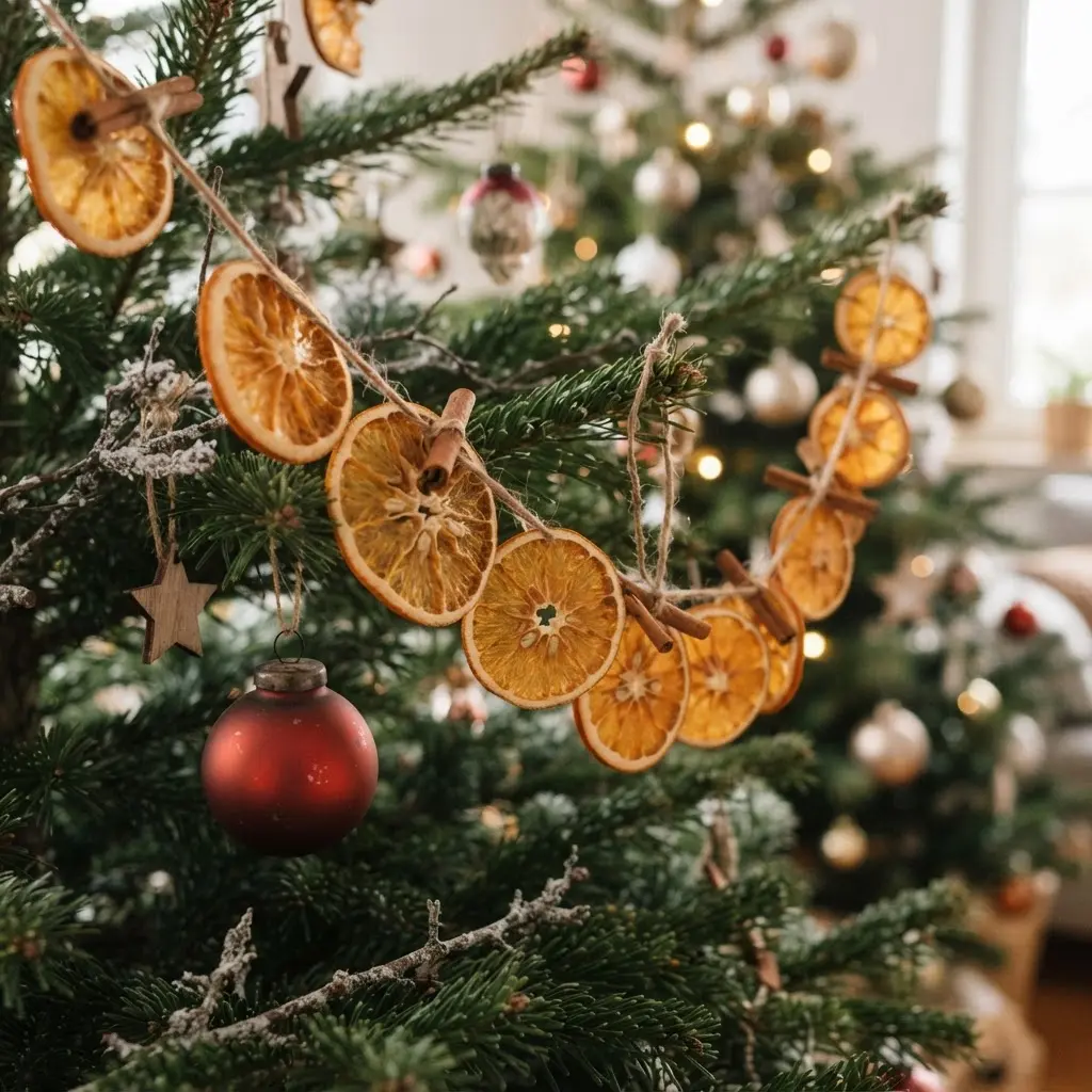 Vintage Christmas Tree Decoration Ideas featuring dried orange slice garland strings between pine branches and red ornaments.