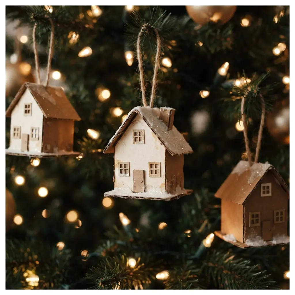 Vintage Christmas Tree Decoration Ideas showing cardboard house ornaments with paper windows, snowy roofs, and soft tree lights.