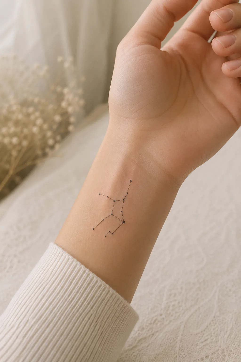 A subtle Virgo constellation tattoo in clean black lines placed delicately on the wrist.