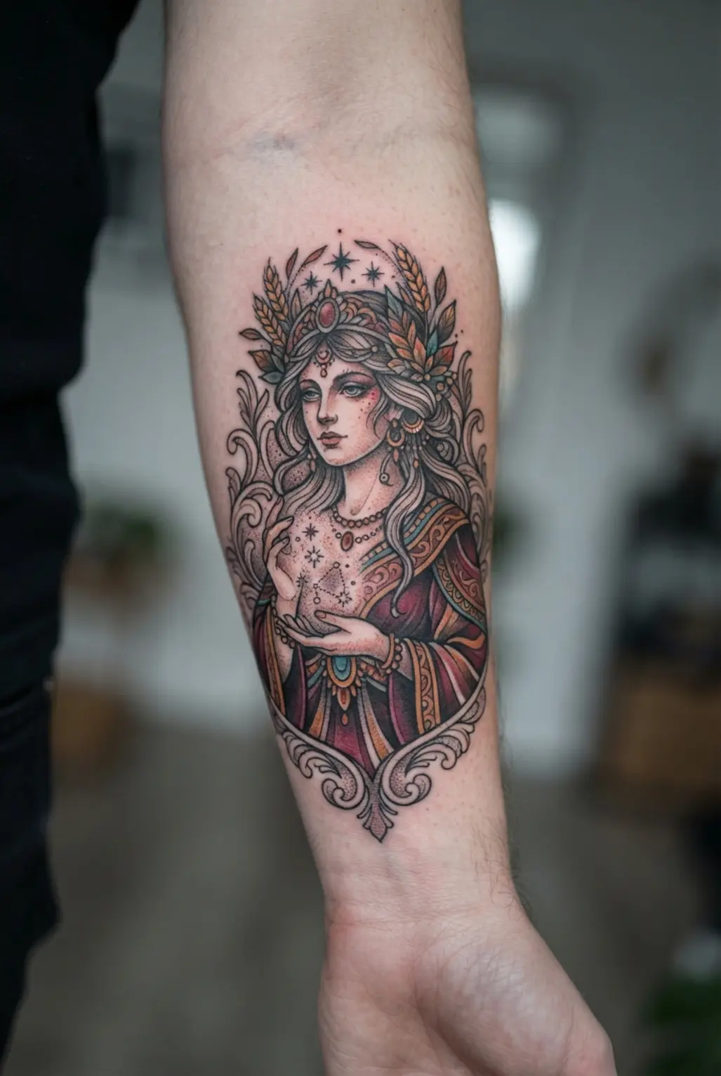 A bold, illustrative tattoo of a Virgo goddess figure integrated with her celestial star map.