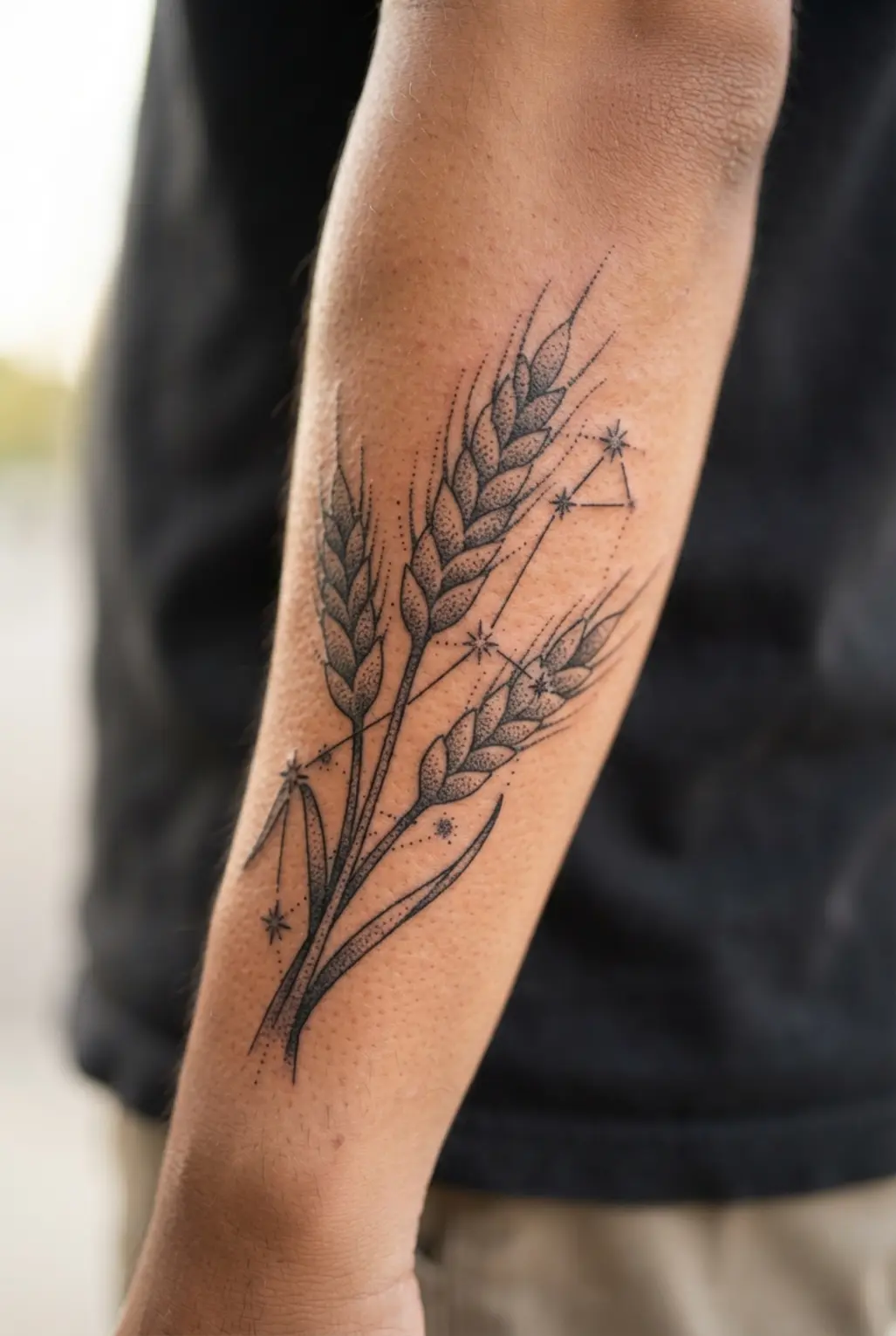 An earthy tattoo design using dotwork to merge a Virgo constellation with a symbolic wheat sheaf.