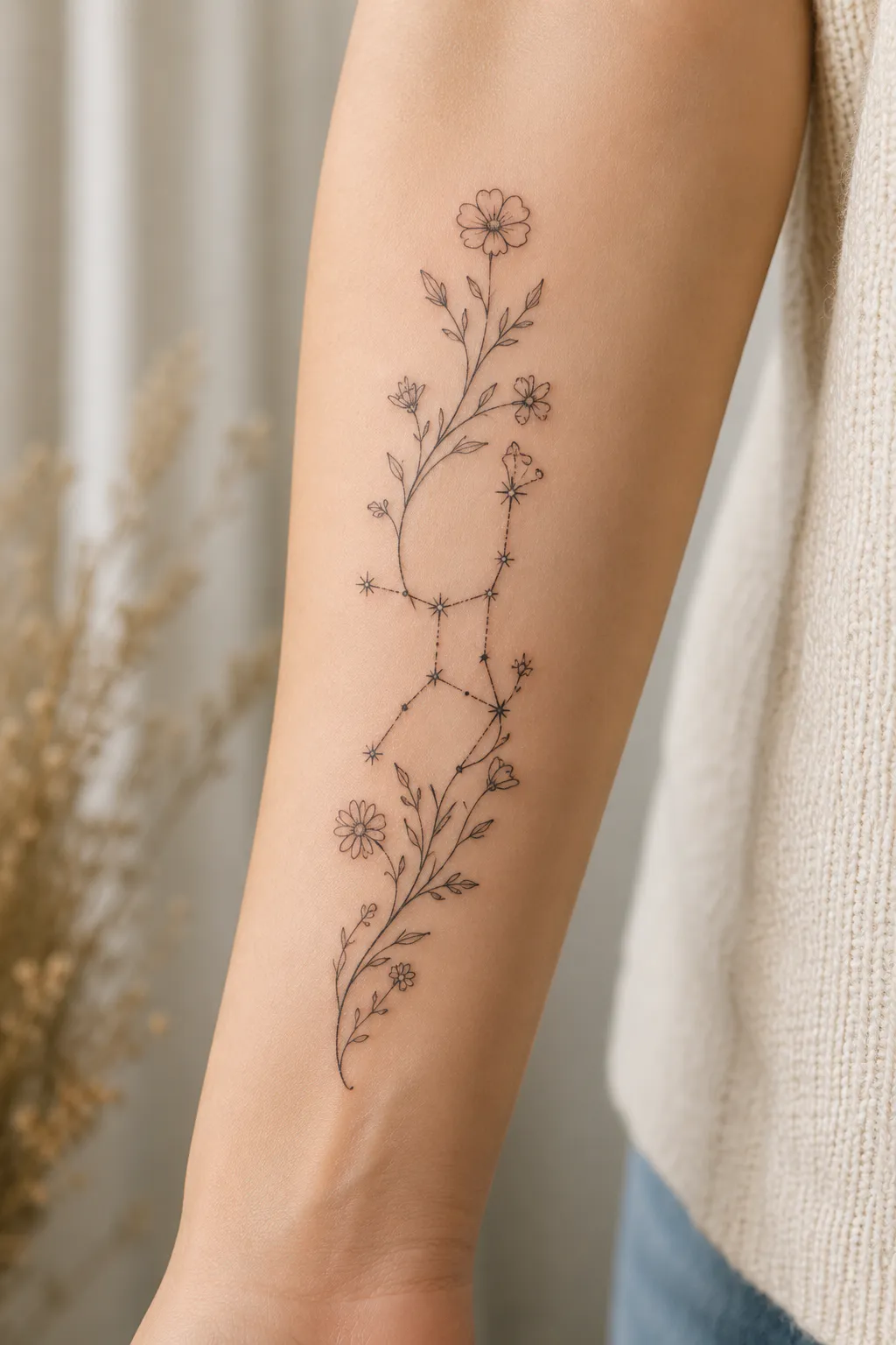 A nature-inspired tattoo where a Virgo constellation design is woven into a vine of delicate wildflowers.