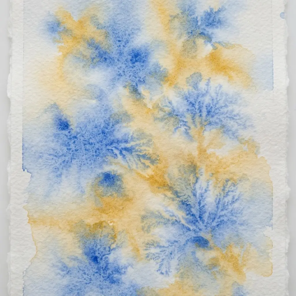 Blue and gold blooms spread across wet paper in a watercolor wash, showing Ways to Use Watercolor.