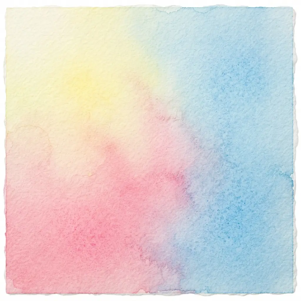 A pale yellow wash blends into rose and blue in a smooth watercolor gradient on cold-press paper.