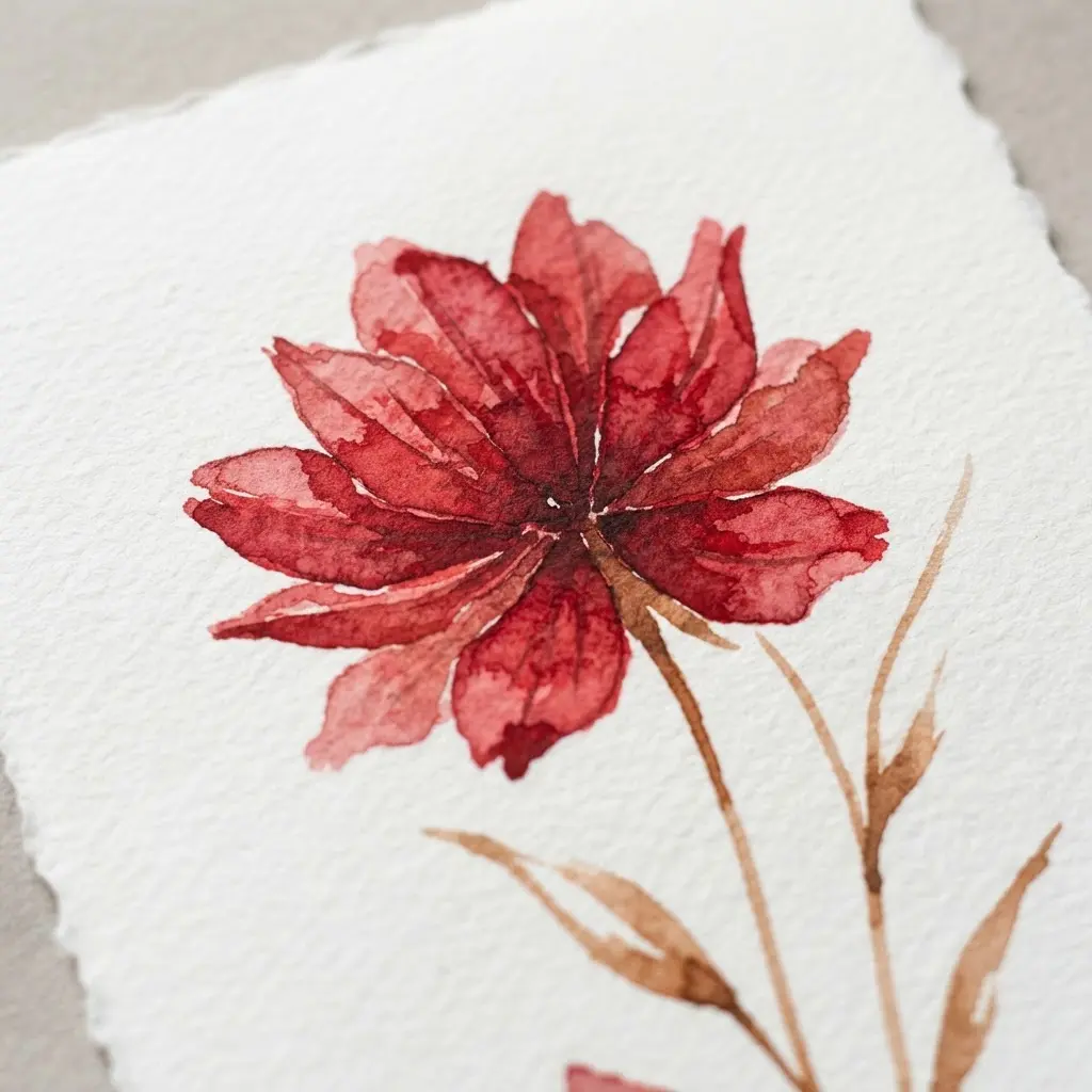 A red flower with crisp brown stems sits on dry white paper in a wet on dry watercolor study.