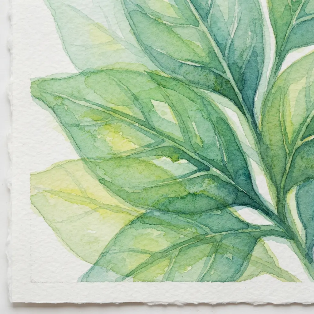 Transparent blue and green glaze bands build a luminous leaf study, showing Ways to Use Watercolor.