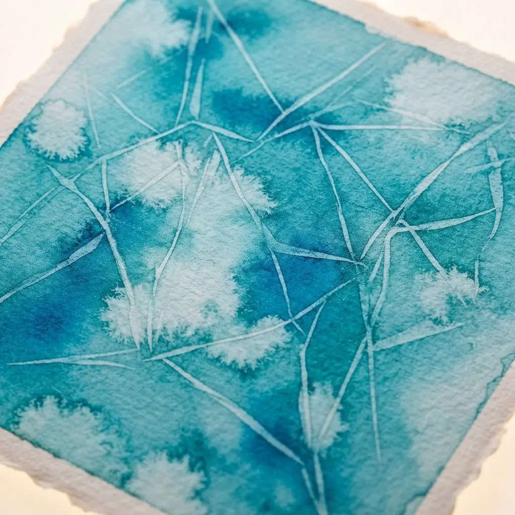 Clear plastic wrap creates angular pale marks across a wet turquoise watercolor field on paper.