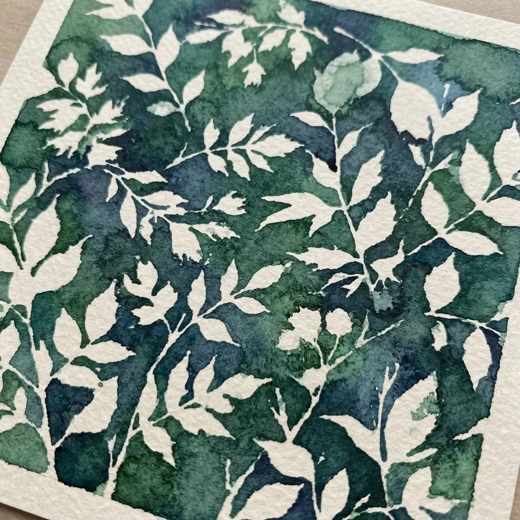 White leaf shapes stand against a dark green painted field, showing Ways to Use Watercolor.