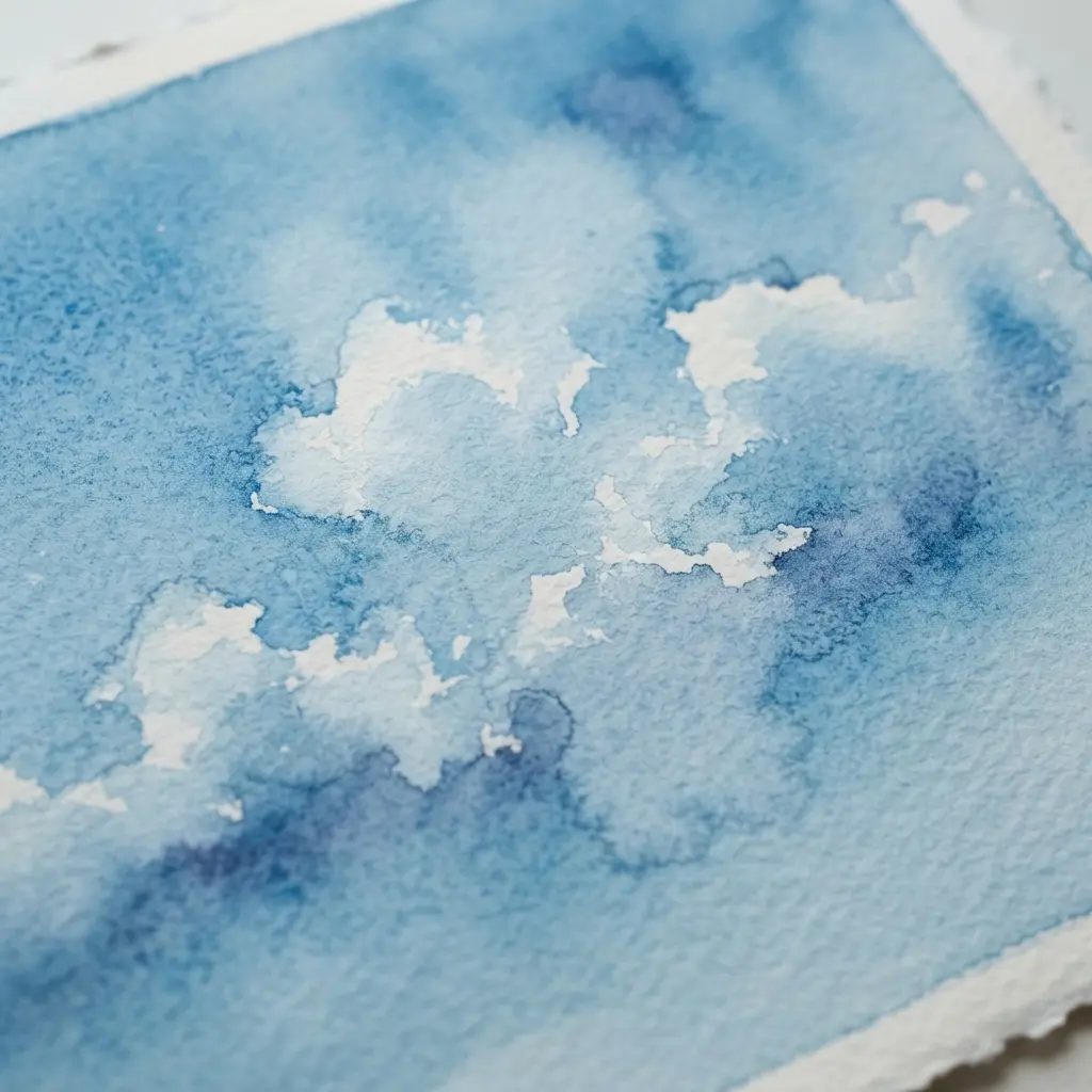 A lifted white cloud appears in a blue watercolor sky beside a damp brush and folded tissue.