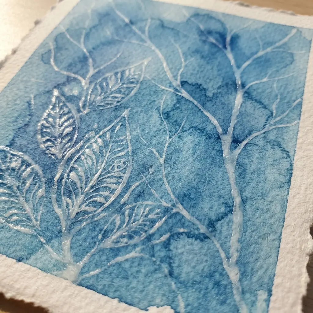 White wax lines form small leaves beneath a blue watercolor wash, showing Ways to Use Watercolor.