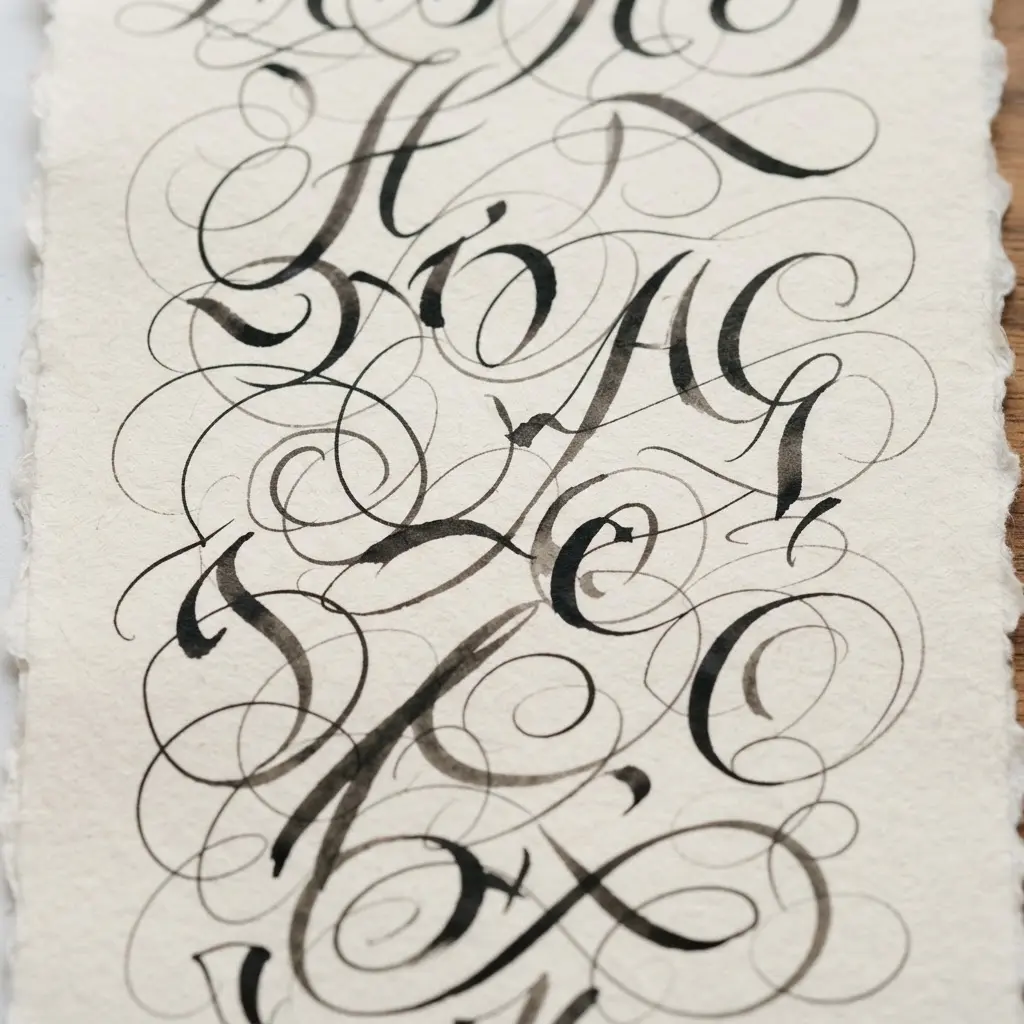 Pointed pen, slanted alphabet samples, and wedding envelopes on a white desk for wedding calligraphy tips.