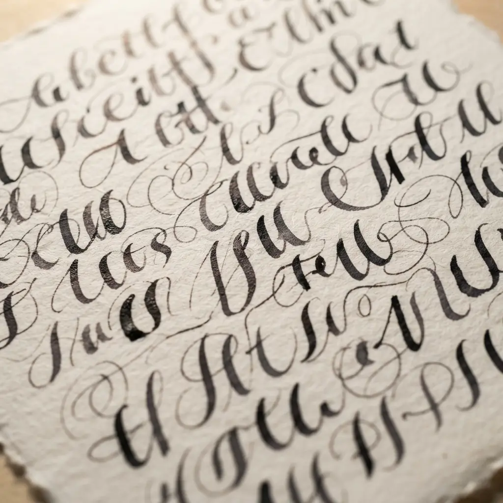 Oblique holder, pointed nibs, archival ink, pencil, ruler, and envelopes arranged beside practice lettering.