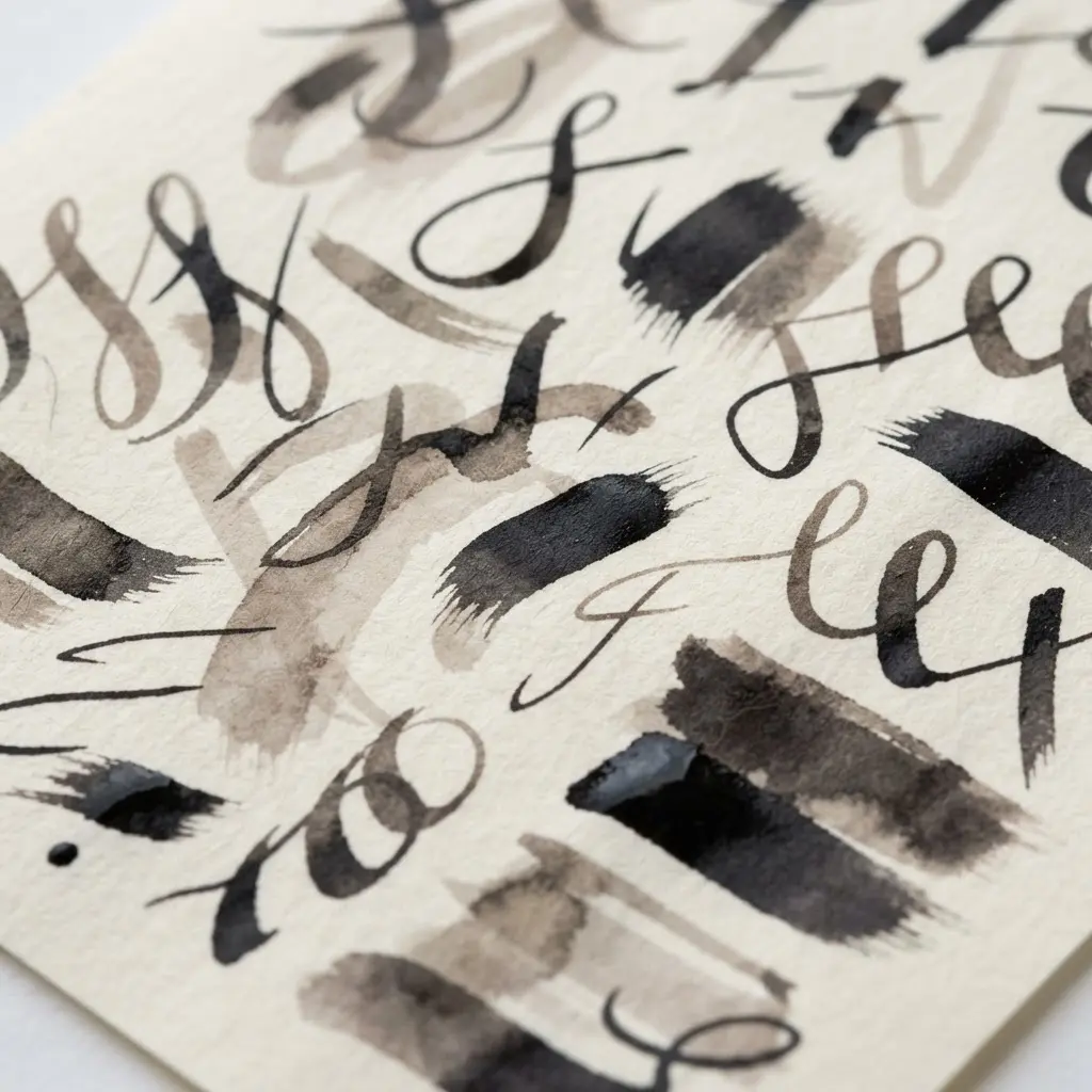 White and cream envelopes with ink swatches and pointed-pen lines testing feathering for wedding calligraphy tips.