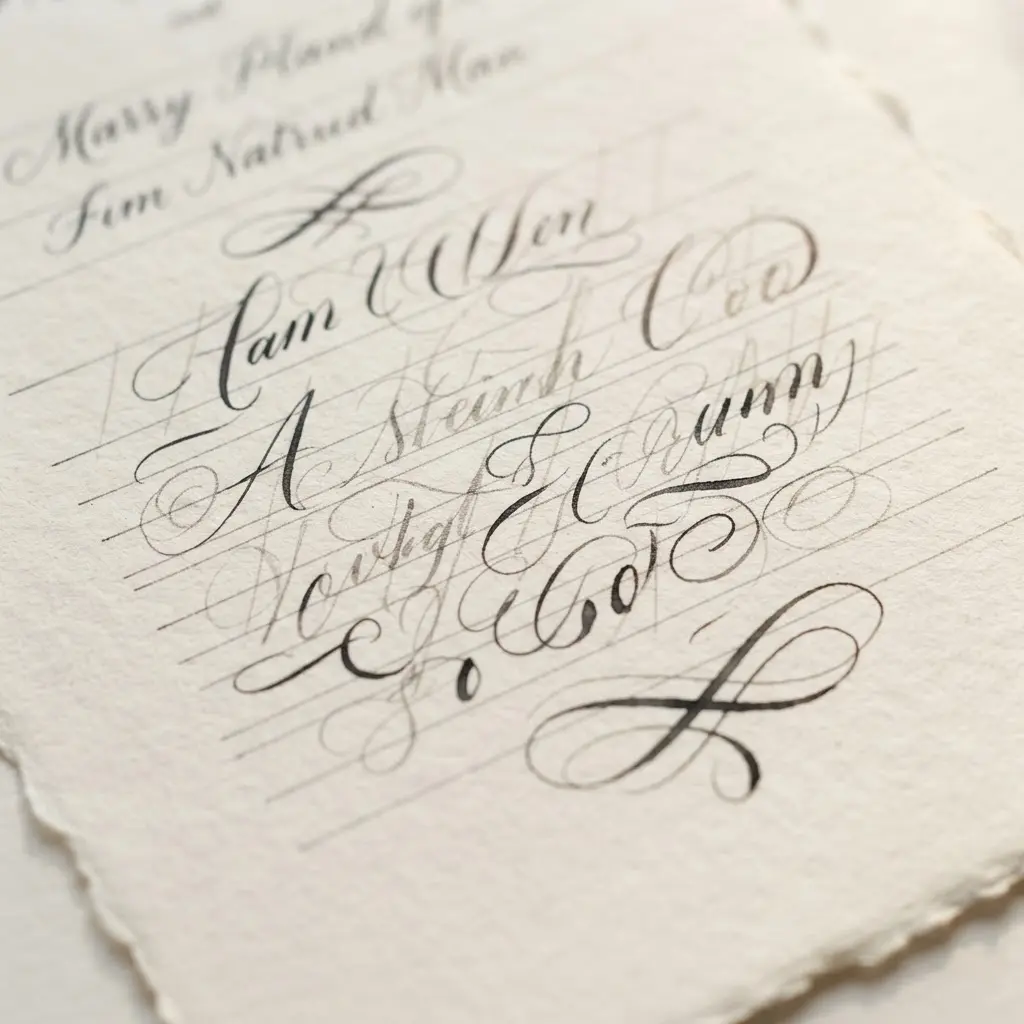 Pencil guidelines, centered names, and measured margins on cream invitation paper for balanced wedding lettering.
