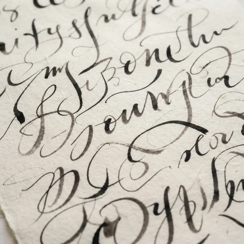 Calligrapher's relaxed hand holding an oblique pen holder beside aligned envelope samples on a desk.
