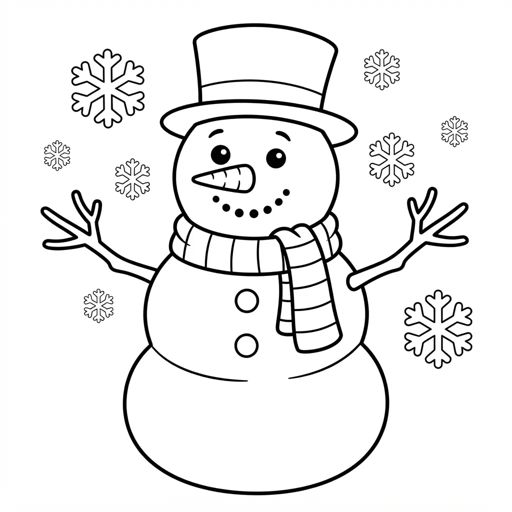 Bold winter coloring pages line art showing a smiling snowman with a carrot nose and round buttons.