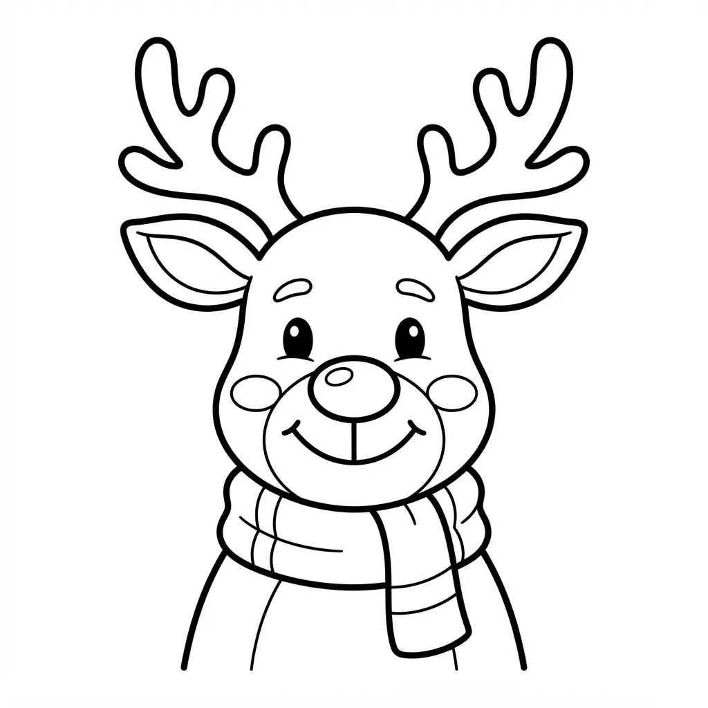 Winter coloring pages line art featuring a friendly reindeer with branching antlers, a scarf, and a round nose.