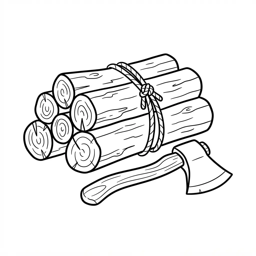 A bundle of firewood tied with rope beside a small hatchet, with simple bark and handle details.