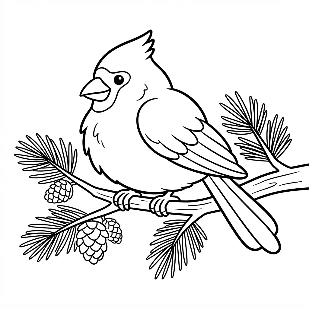 Winter coloring pages showing a chilly cardinal perched on a pine branch with clean feather outlines.