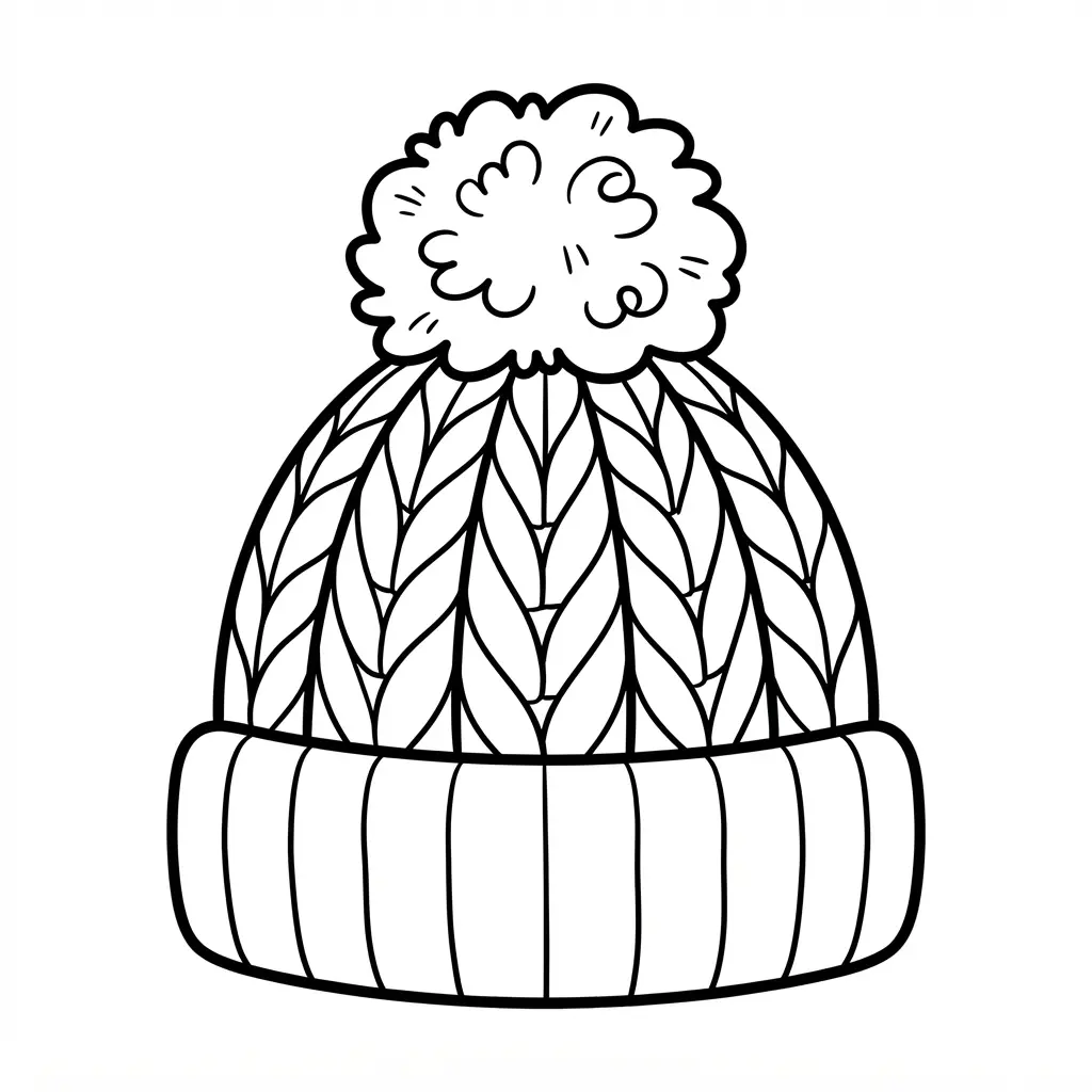 A knitted winter hat with a large pompon, folded ribbed band, and broad sections for coloring.