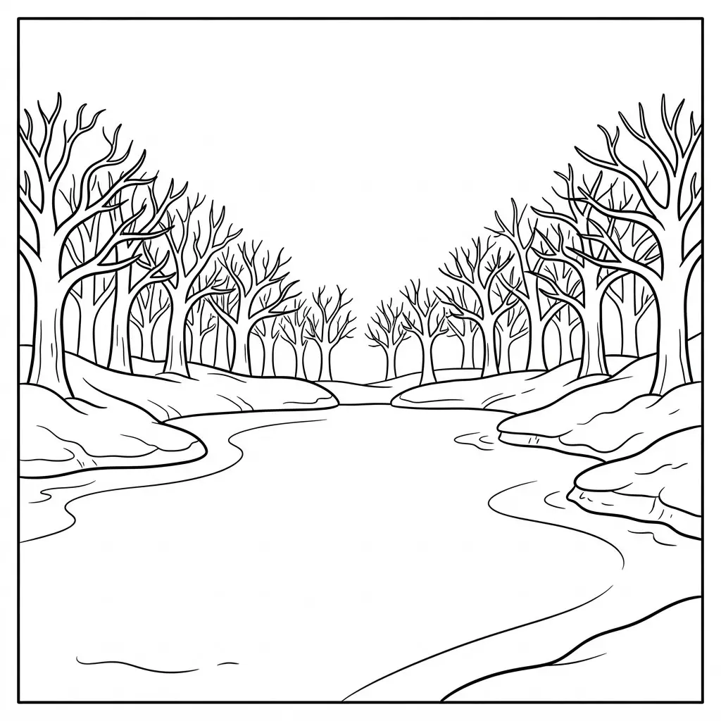 Winter coloring pages line art showing a frozen lake, bare trees, snowy banks, and open sky.