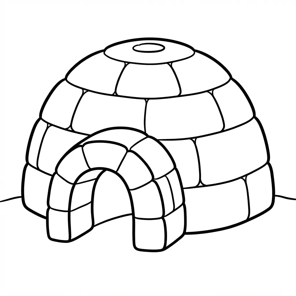 An igloo with a small entrance hole, rounded snow blocks, and a clear open area around the shelter.