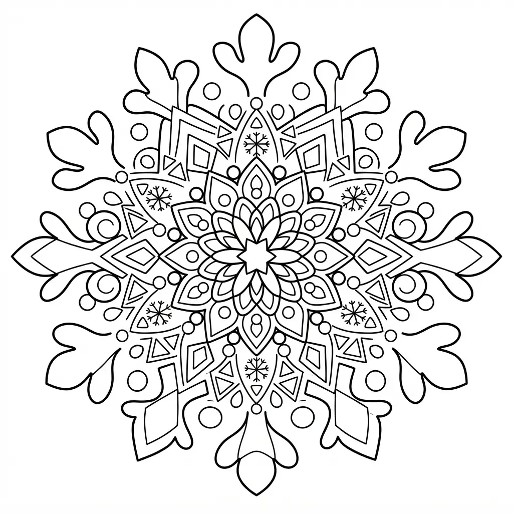 A detailed snowflake pattern design with crisp symmetrical lines and open spaces for colored pencils.