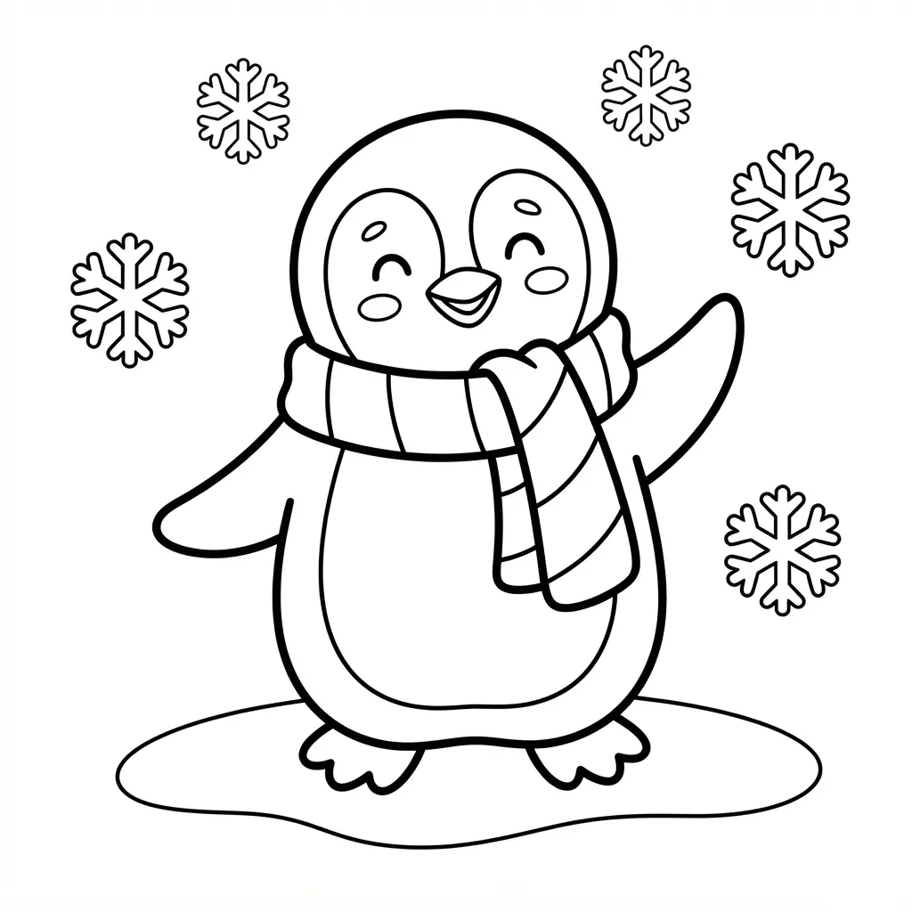 Winter coloring pages line art featuring a playful penguin in a winter scarf beside small snowflakes.