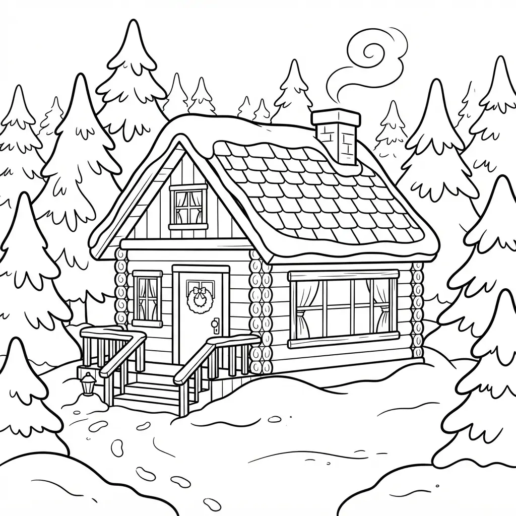 A cozy cabin in a snowy forest with pine trees, smoke from the chimney, and clear outlines.