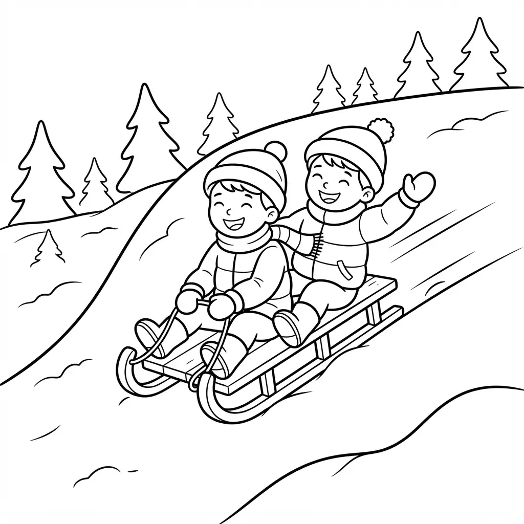 Winter coloring pages showing two children sledding down a snowy hill with simple trees in the background.