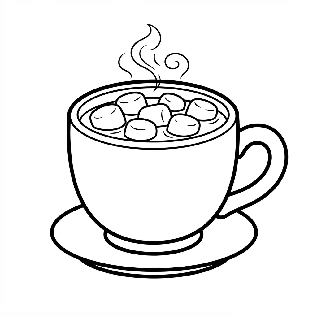 A warm mug of hot cocoa with marshmallows, a curved handle, and steam lines above the drink.