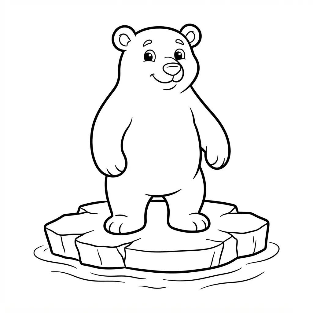 Winter coloring pages line art of a polar bear standing on an ice floe with water lines below.