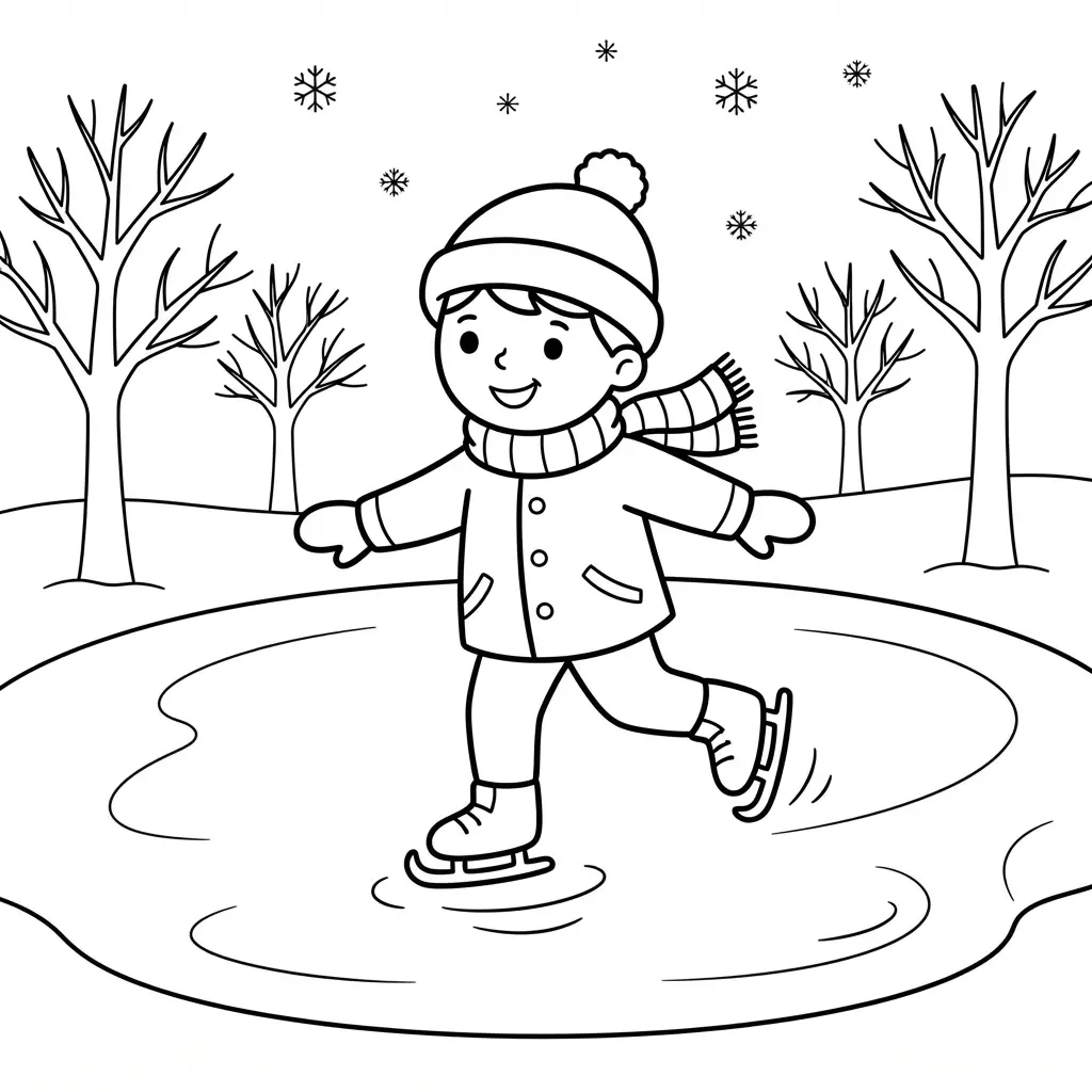 Winter coloring pages showing a child ice skating on a pond with gentle snowflakes and bare trees.