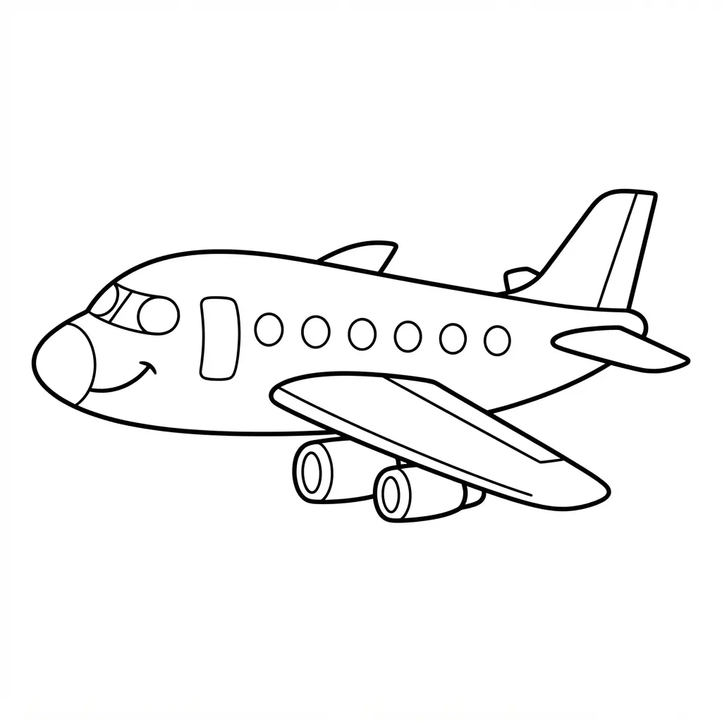 Smiling cartoon passenger jet with bold black outlines and simple details for airplane coloring pages.