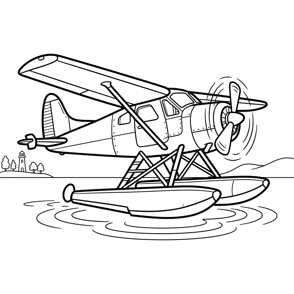 Vintage seaplane landing on water with pontoons, ripples, and airplane coloring page outlines.