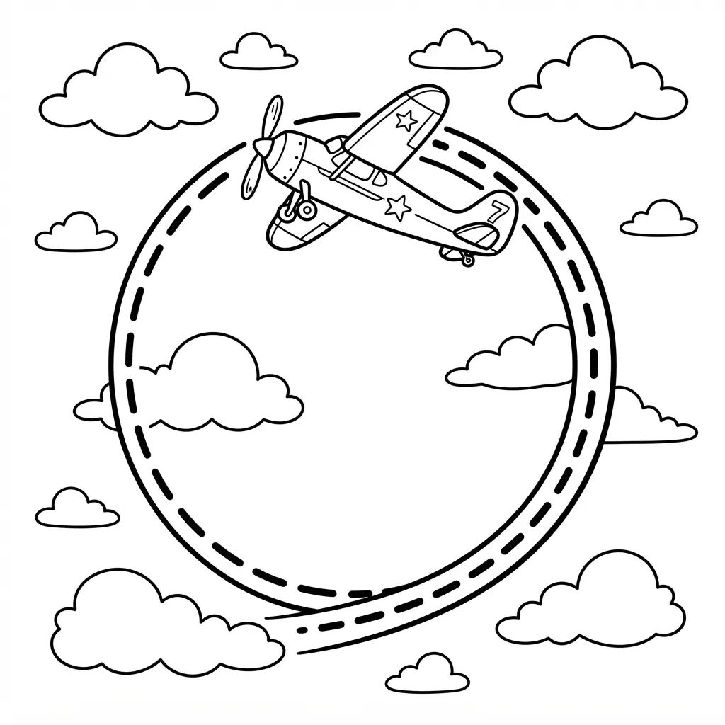 Aerial stunt plane making a cloud loop with curved motion lines and crisp black outlines.