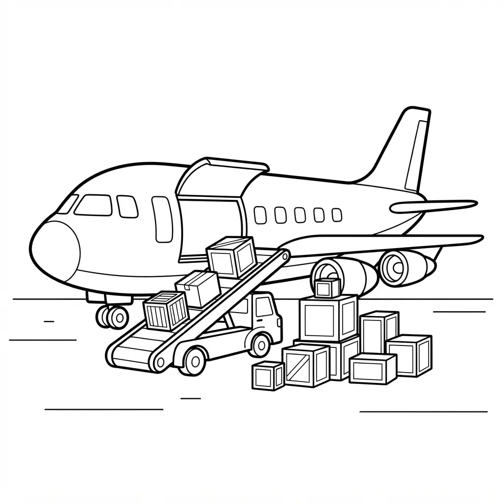 Cargo plane loading shipping crates beside a ground vehicle in a clear airplane coloring page.