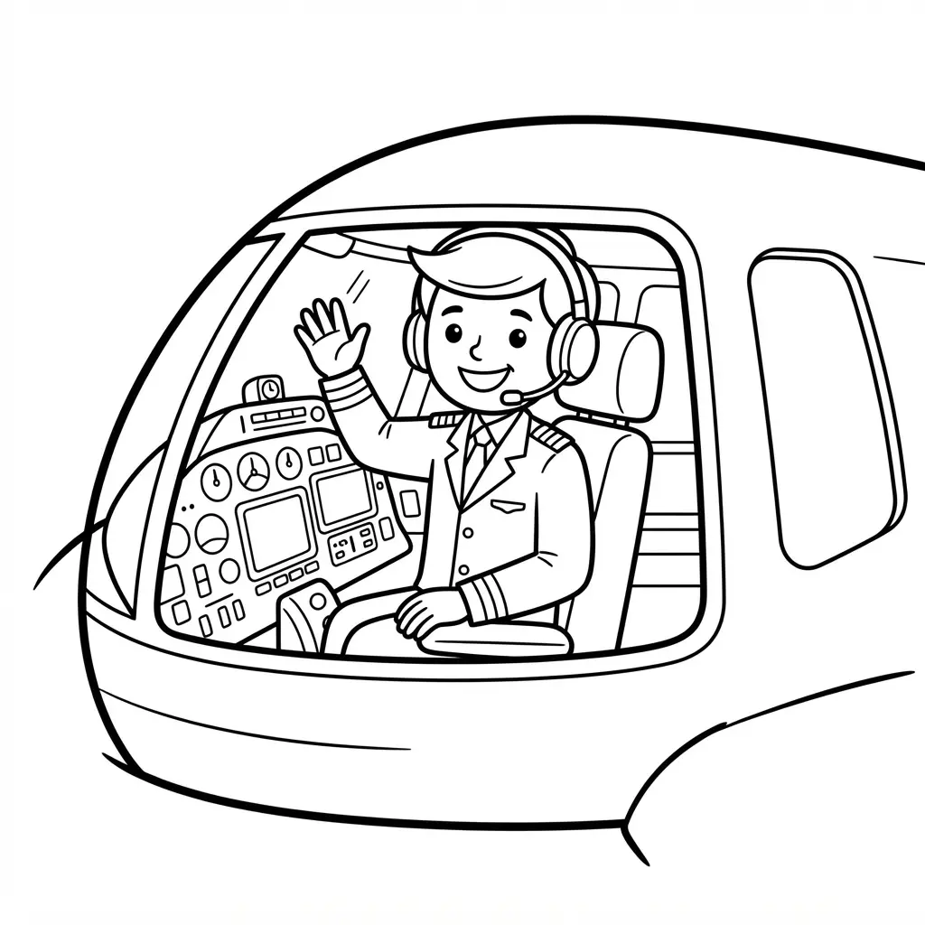 Friendly pilot waving from an airplane cockpit with windows, headset, and bold printable outlines.