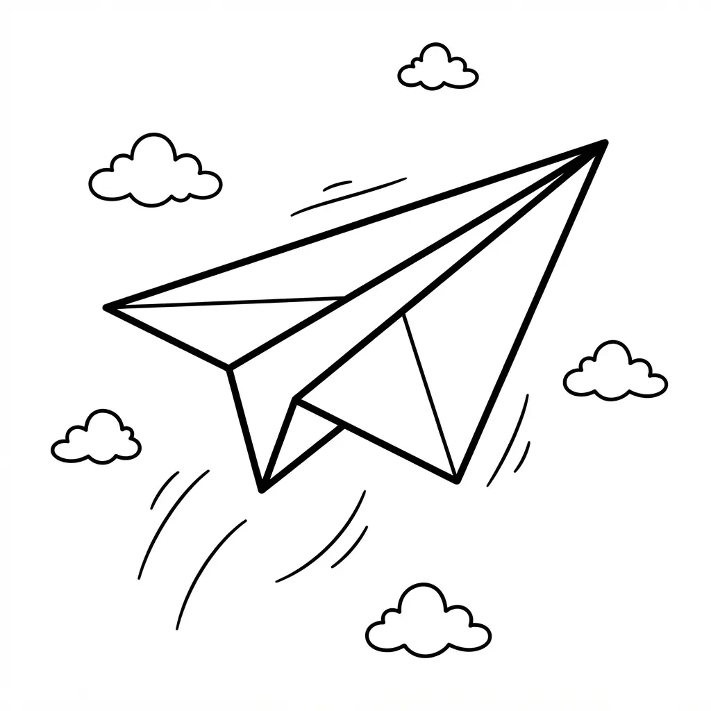 Paper airplane gliding through a sky with small clouds and clean line drawing details.