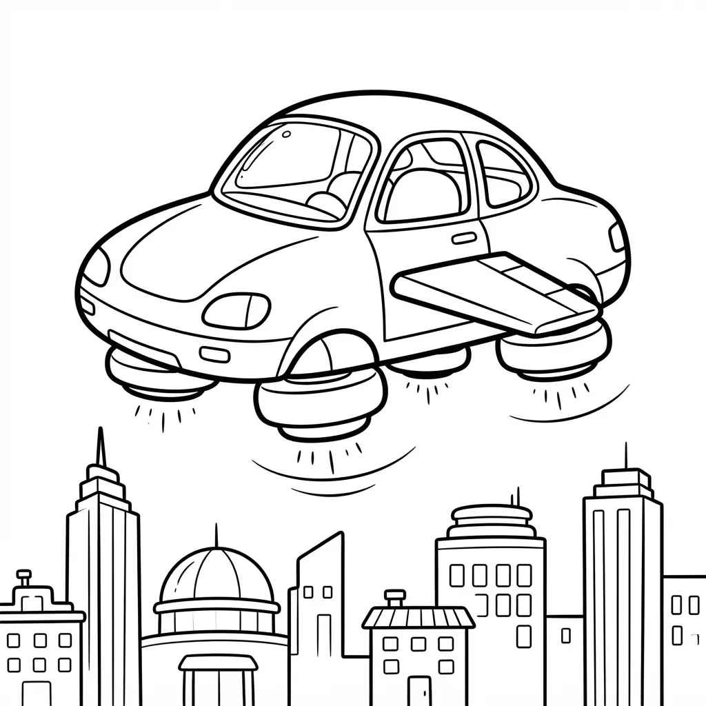 Futuristic flying car above a city with wings, windows, and clear printable airplane coloring page lines.