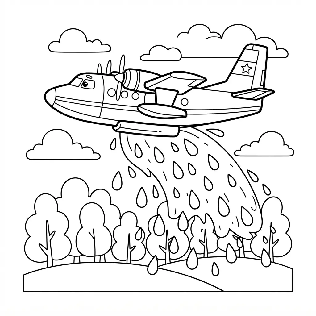 Firefighting plane dropping a water load over a forest with bold outlines and cloud shapes.