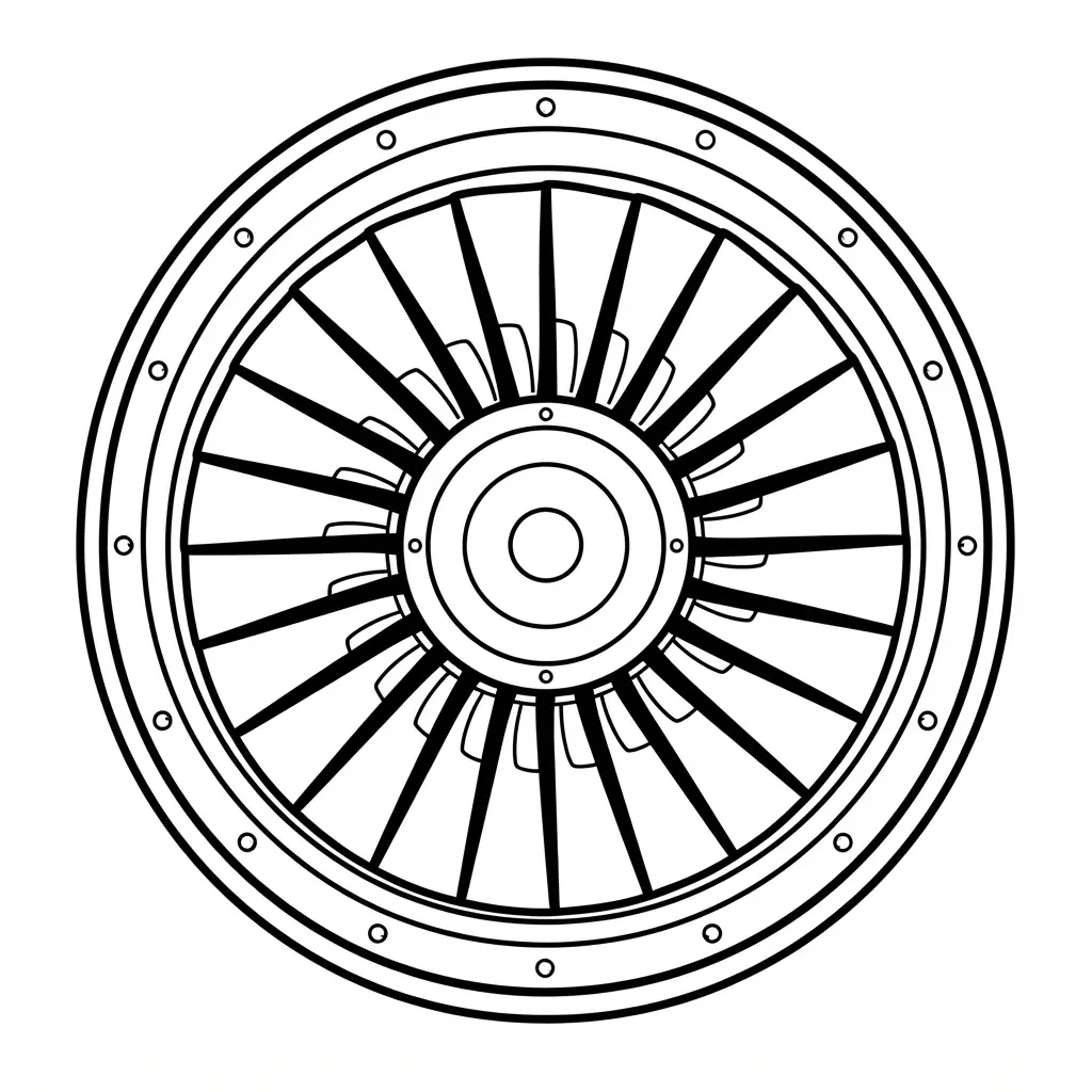 Jet engine turbine viewed from the front with blades, rings, and distinct printable outlines.