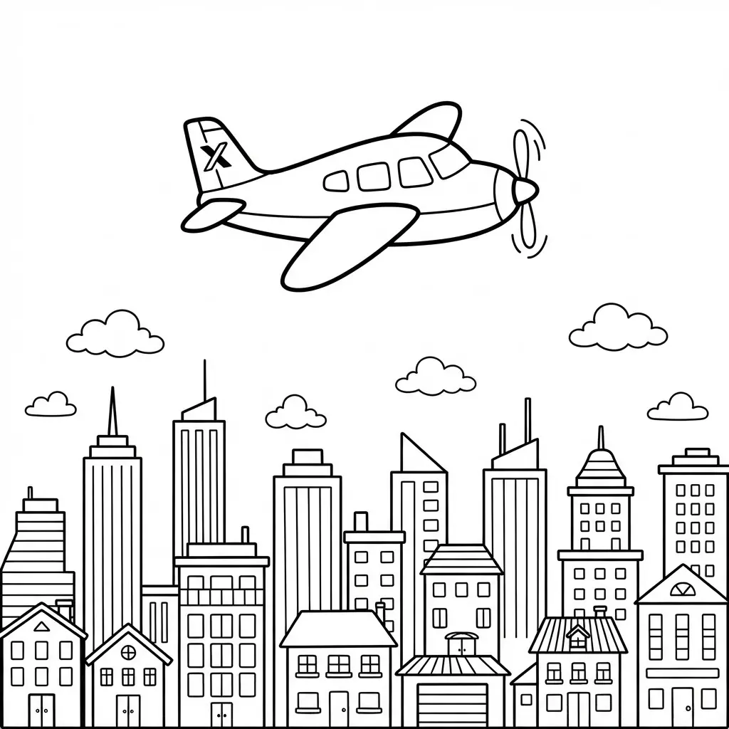 Small plane flying above a city skyline with buildings, clouds, and airplane coloring page line work.