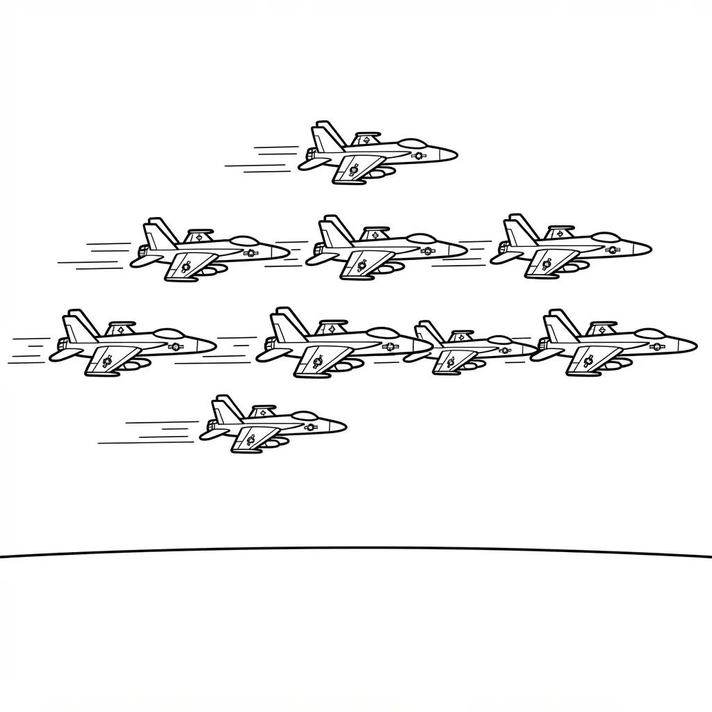 Royal Air Force parade formation with several planes flying in rows above a clear horizon.